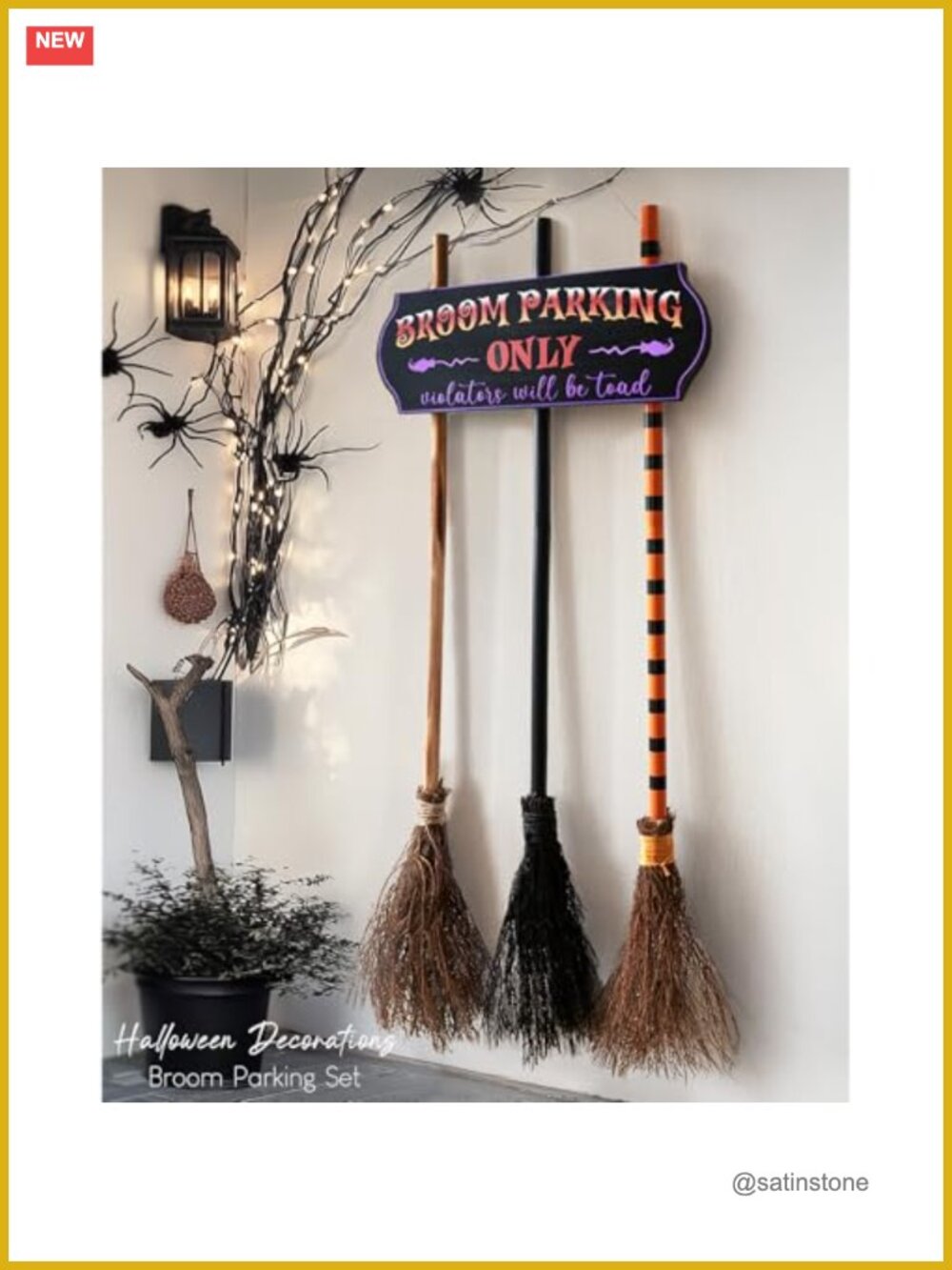 Halloween Broom Parking Sign Set with 3 Wooden Witches Brooms
